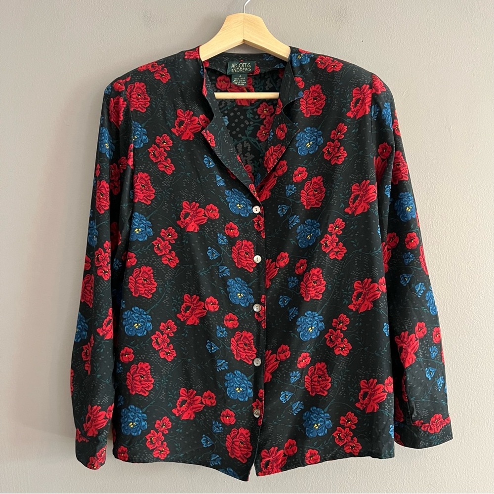 Vintage Alcott & Andrews 100% Silk Black Floral Roses Button Down Blouse Sz 4